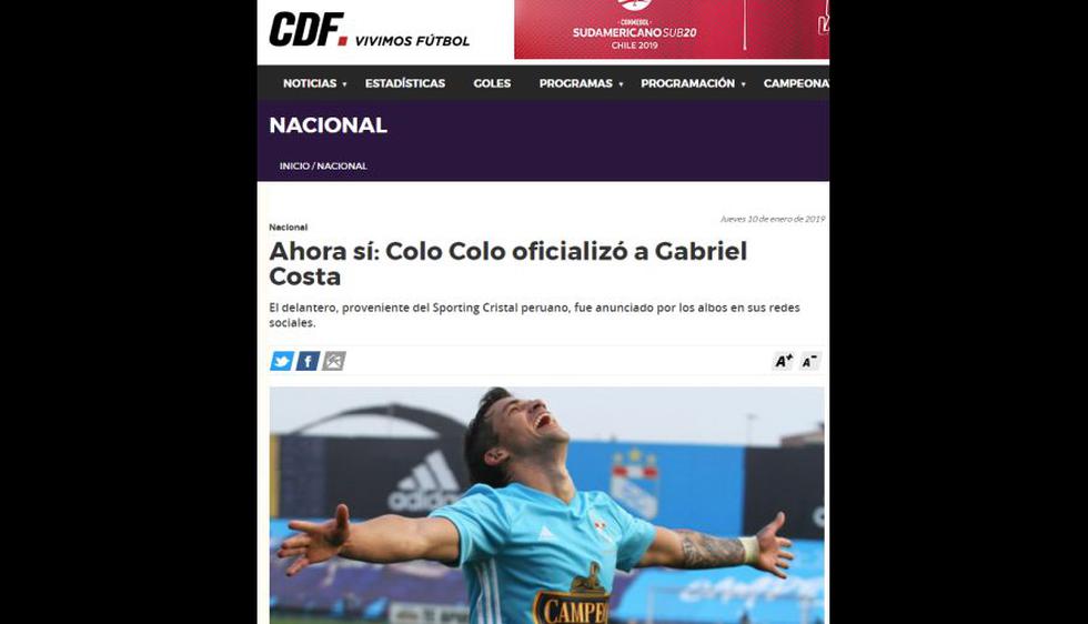 Así informaron los medios chilenos sobre el fichaje de Gabriel Costa por Colo Colo. (Captura: )
