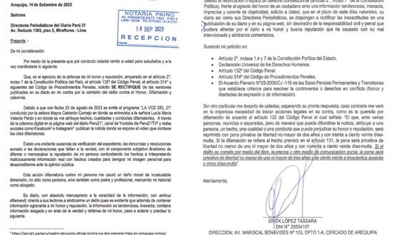 Erick López Tassara envía carta notarial a Perú21.