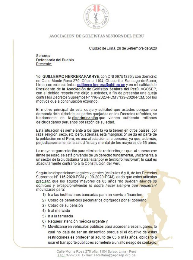 Carta de la Asociación de Golfistas Seniors del Perú