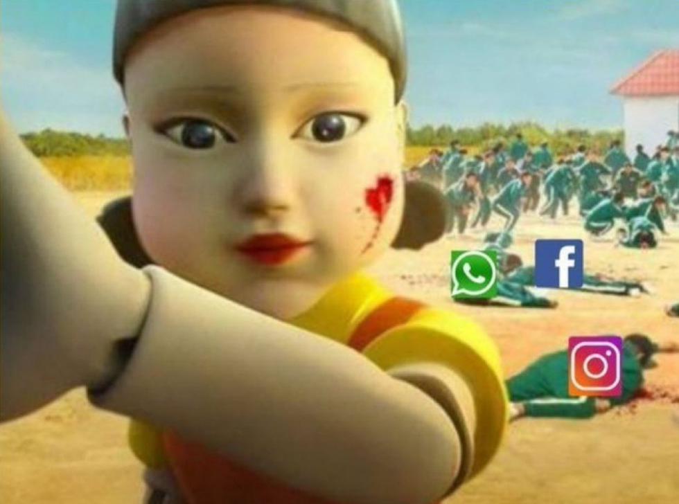 Si ya viste 'El juego del calamar' esta muñeca se te hará familiar y entenderás por qué WhatsApp, Facebook e Instagram están 'muertos' en el suelo.