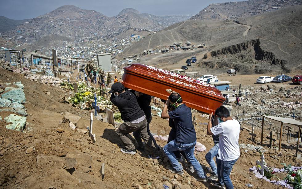 10. Perú registra hasta hoy 9.860 muertos y 288.477 casos de coronavirus. Los familiares llevan el ataúd de una presunta víctima de COVID-19 en el cementerio de Nueva Esperanza, en Lima. (Ernesto BENAVIDES / AFP).