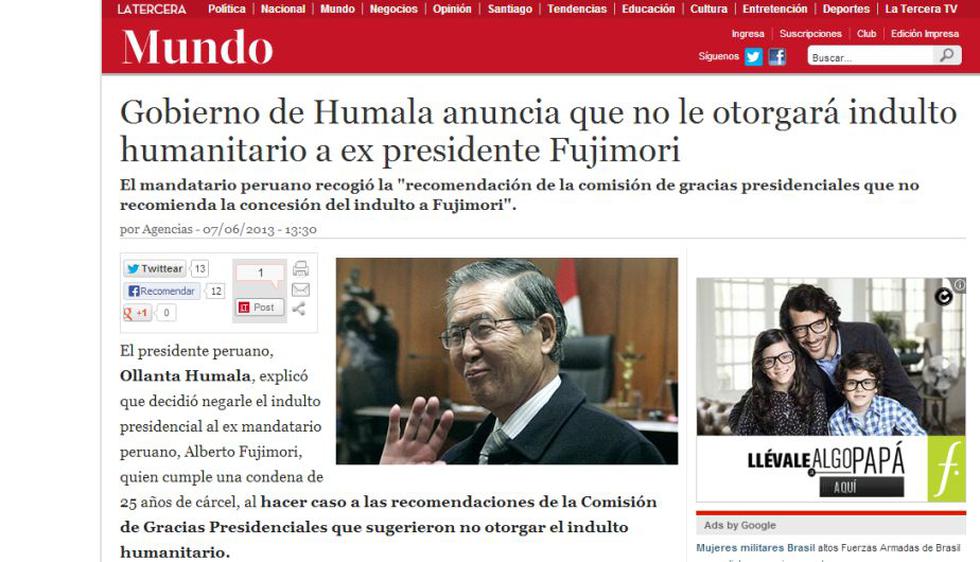 El diario chileno La Tercera publicó en portada la derrota del fujimorismo.