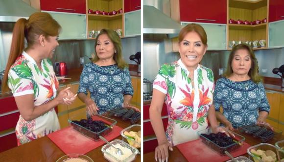 Magaly Medina y su mamá dieron una receta de mazamorra morada para el canal de YouTube de la presentadora. (Foto: Captura de YouTube).