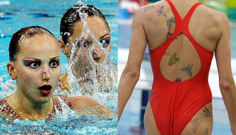 Anastasia Davydova es una rusa que se dedica al nado sincronizado. En su espalda, esta nadadora lleva mariposas de diferentes colores. (Internet)