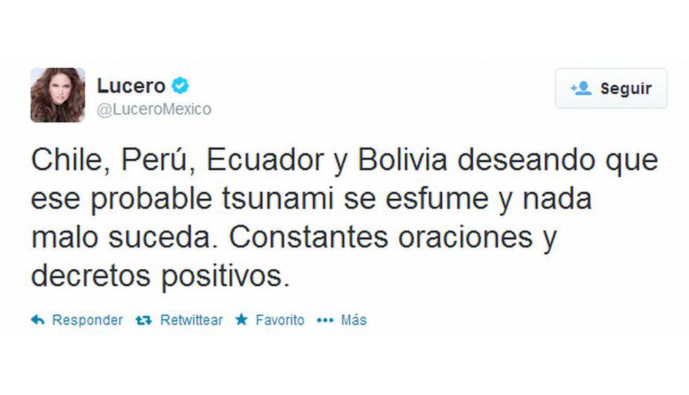 La cantante Lucero fue centro de críticas y burlas tras cometer un error al escribir un mensaje en Twitter luego del terremoto de 8.2 grados en la escala de Richet en el norte de Chile. (Twitter)