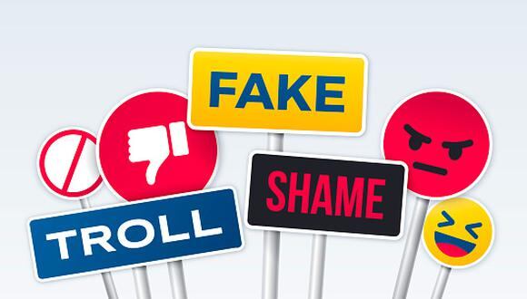 Social media trolling, fake, anger, bullying and scandal signs.