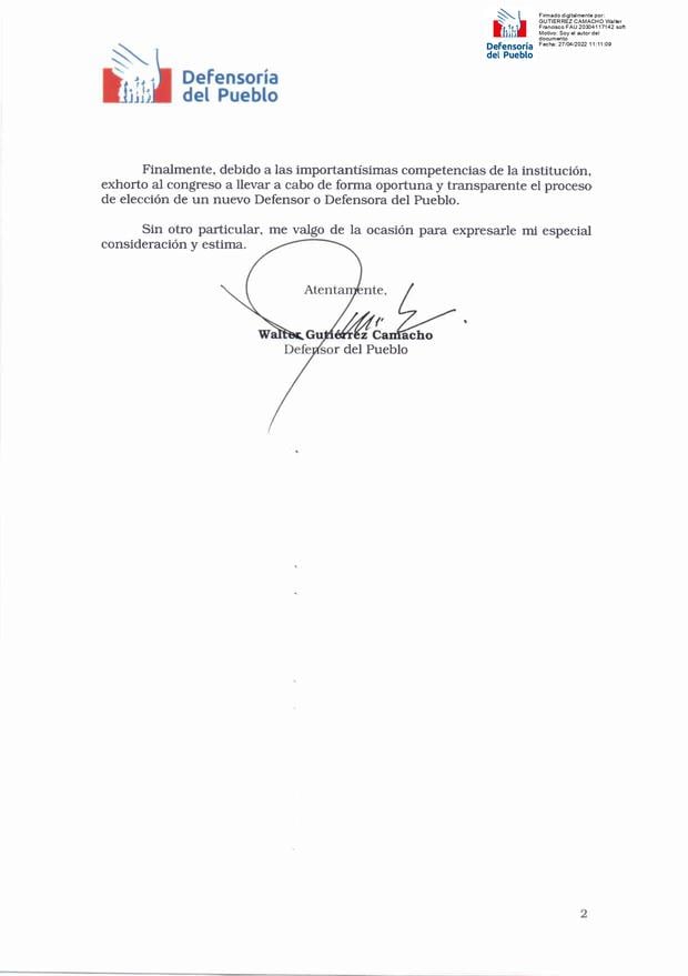 Walter Gutiérrez submitted his irrevocable resignation from the position of Ombudsman