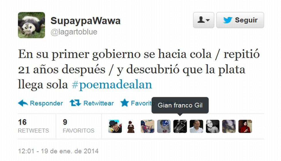 ‘Tuiteros’ criticaron y se burlaron del poema de Alan García, el cual fue publicado hoy en el diario El Comercio. (Twitter)
