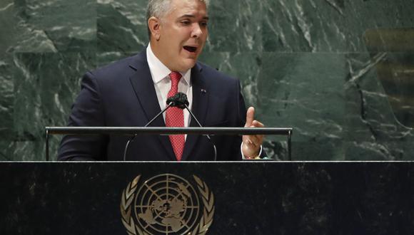Iván Duque Márquez, presidente de Colombia, se dirige al 76° período de sesiones de la Asamblea General de la ONU el 21 de septiembre de 2021 en Nueva York. (Foto: EDUARDO MUNOZ / POOL / AFP)