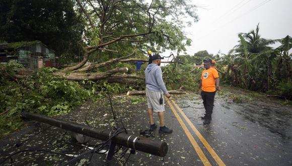 Personal de defensa civil y bomberos trabajan retirando árboles caídos de la carretera que conecta las provincias de María Trinidad Sánchez y Samaná, República Dominicana, el 19 de septiembre de 2022, tras el paso del huracán Fiona. (Foto de Erika SANTELICES / AFP)