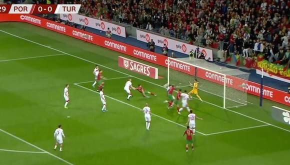 Diogo Jota tuvo la primera oportunidad clara de gol para Portugal vs. Turquía. (Foto: captura de pantalla - ESPN)