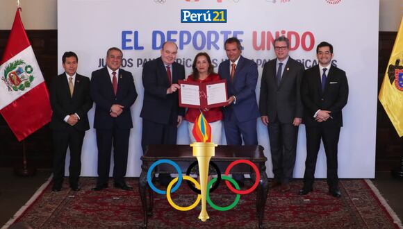 Adrianzén, Boluarte y López Aliaga firmaron junto a Panam Sports (Foto: Gob).