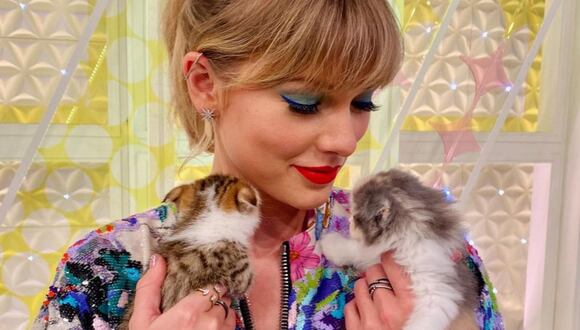 Taylor junto a sus gatitos de bebés.