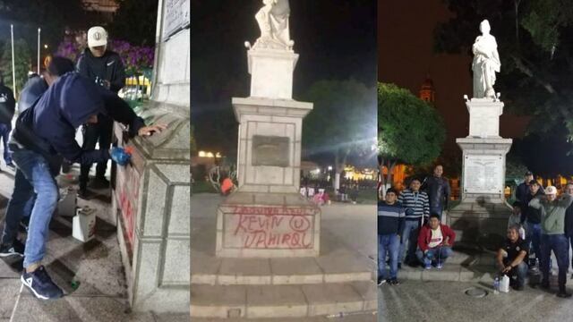 Hincha de Universitario hace pintas con spray en 'La Pola', monumento de la Plaza de Armas de Piura