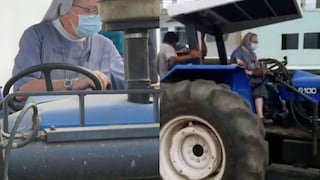 Monja conduce tractor con el que fumiga las calles de Chimbote para evitar el coronavirus [VIDEO]
