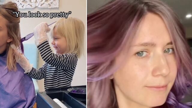 Niña de 3 años le tiñe el cabello de color púrpura a su madre y el resultado impacta
