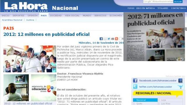 Ecuador: Diario La Hora rectificó nota por orden judicial