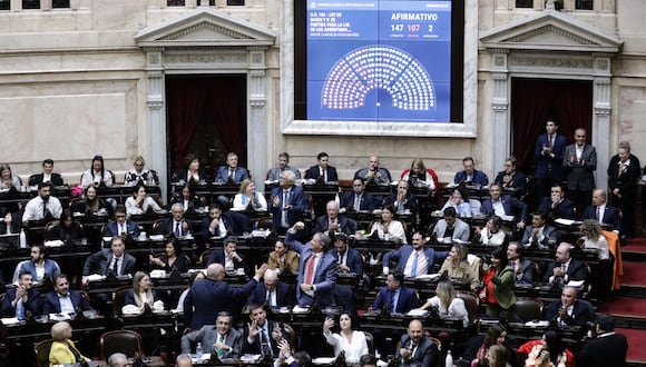 Los legisladores reaccionan después de aprobar la "Ley de Bases" en la Cámara de Diputados del Congreso Nacional en Buenos Aires, la madrugada del 28 de junio de 2024. (Foto de Emiliano Lasalvia/AFP)