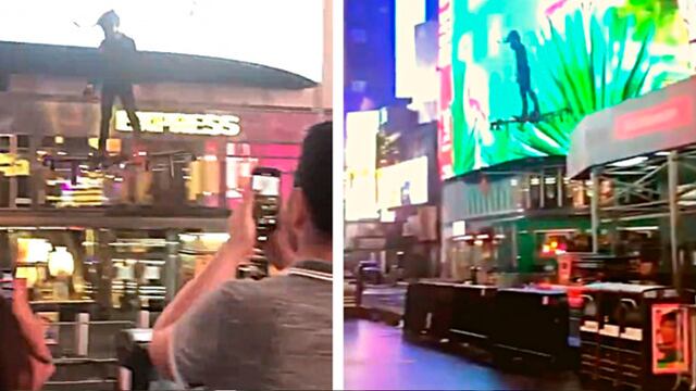Un hombre vuela encima de un dron gigante por el Times Square de Nueva York y se vuelve viral