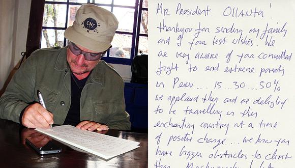 Bono redactando una carta de agradecimiento a Humala. (Perú21)