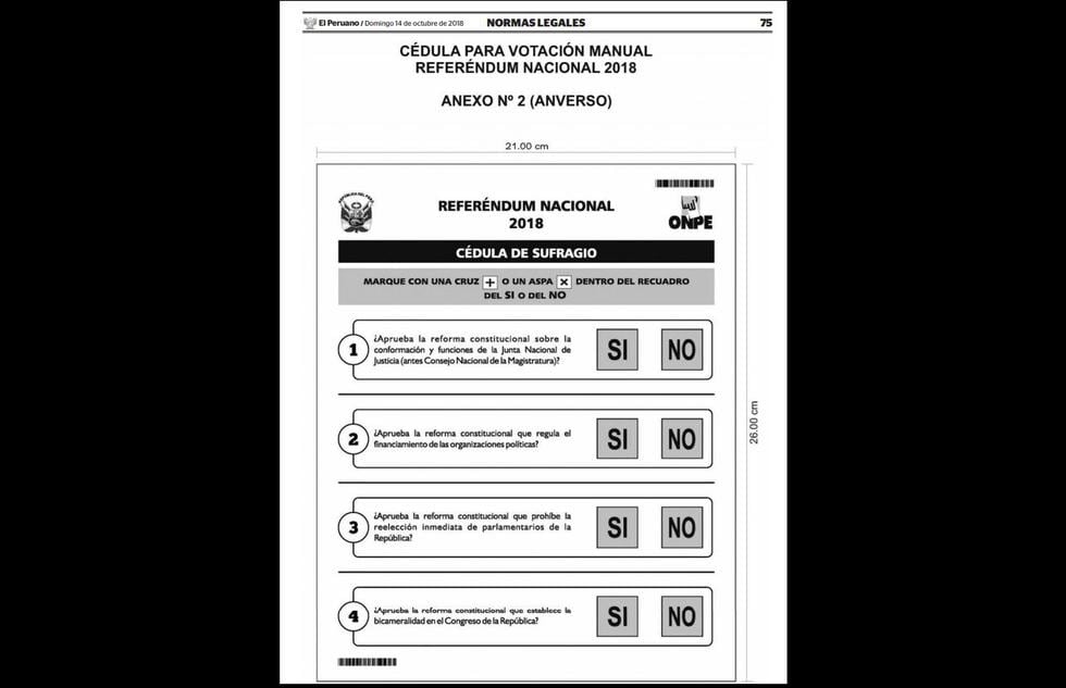 Esta es la cédula manual para el Referéndum 2018 que se llevará a cabo el 9 de diciembre. (El Peruano)