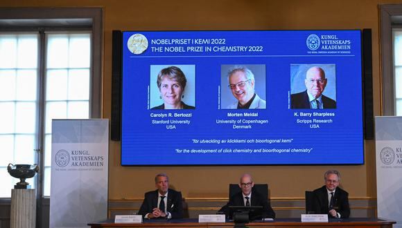El Premio Nobel de Química fue otorgado a un trío de químicos de EE.UU. (Carolyn Bertozzi y Barry Sharpless) y Dinamarca (Morten Meldal) que sentaron las bases para una forma de química más funcional. (Foto: Jonathan NACKSTRAND / AFP)