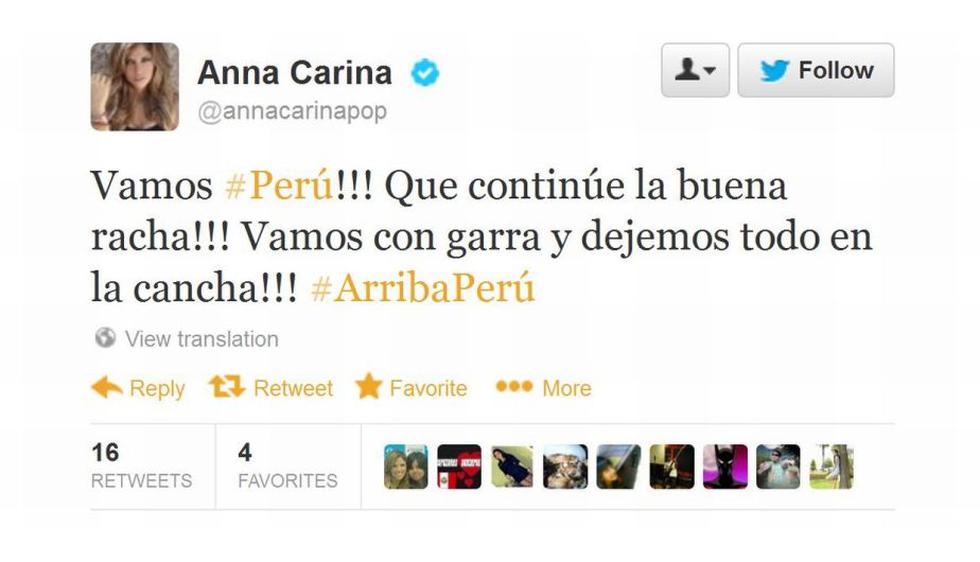 Figuras de la farándula peruana utilizaron Twitter para animar a la selección peruana en su encuentro con Colombia.