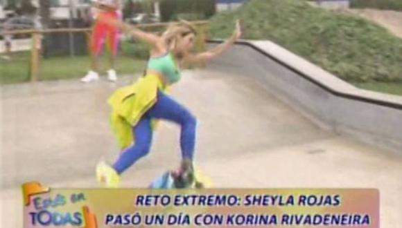 Sheyla Rojas se montó en un skate y sufrió espectacular caída. (América Televisión)