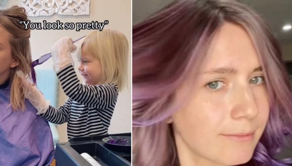 Una niña de 3 años causa sensación en Internet al teñirle el cabello de color púrpura a su madre. (Foto: @aymieandgracie / TikTok)