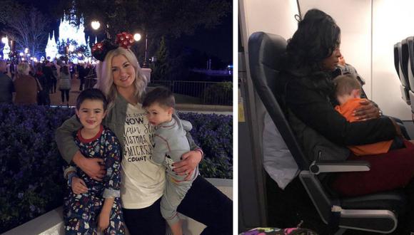 Una madre que viajó sola con sus dos pequeños hijos recibió la ayuda de tres buenos samaritanos durante su vuelo de regreso a casa. (Foto: Becca Kinsey en Facebook)