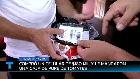Tomás fue estafado cuando le enviaron una caja de puré de tomates en vez del iPhone que pidió. (Foto: captura video Telenoche)