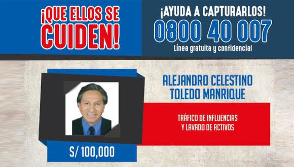 Imagen del Mininter para difundir la recompensa sobre Alejandro Toledo.