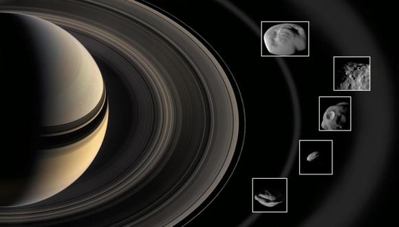 Durante los sobrevuelos cercanos a los anillos de Saturno, la nave Cassini de la NASA inspeccionó las mini lunas Pan y Daphnis en el anillo A; Atlas en el borde de esta; Pandora en anillo F; y Epimeteo. (Foto: AFP)