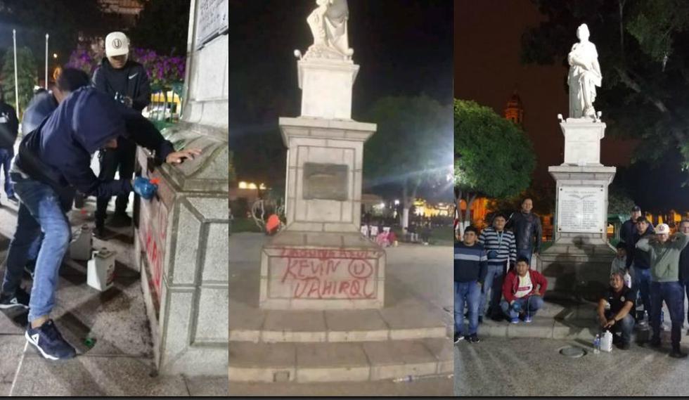 Un mal hincha de Universitario pintó monumento de la Plaza de Armas de Piura. (Facebook)
