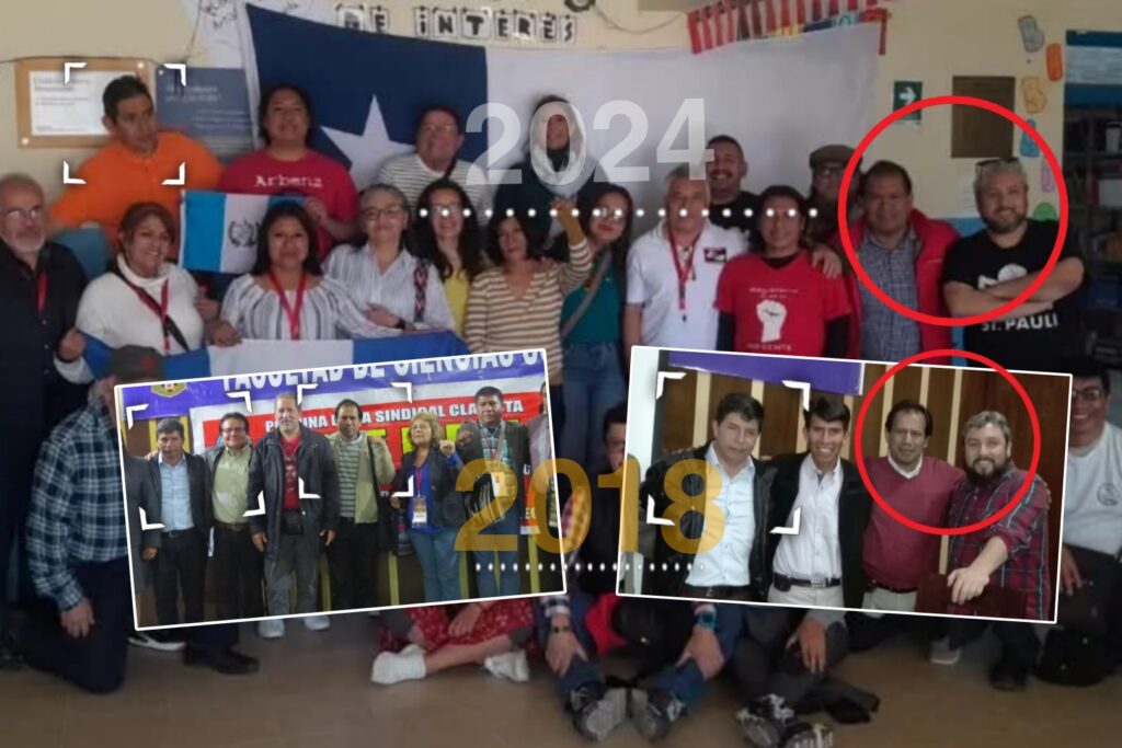 El congresista de Podemos, Edgar Tello, y el chileno Michael Humaña se reencuentran en Santiago y reactivan alianza vinculada al Movadef y al chavismo para exigir la liberación del golpista Pedro Castillo (círculo rojo).