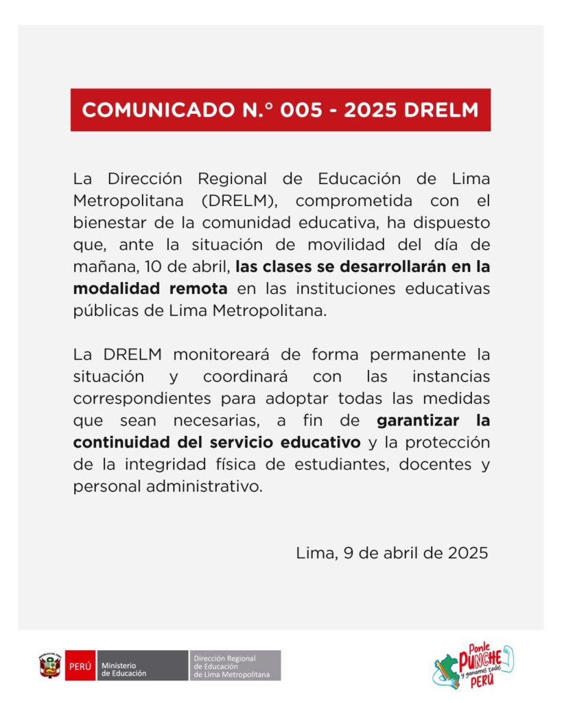 Colegios públicos tendrán clases virtuales debido a paro en Lima.