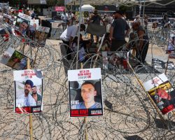 Families of Israelis held hostage in the Gaza Strip since October 2023 demonstrate in Tel Aviv's 'Hostage' square during US envoy Steve Witkoff's visit on August 2, 2025. Witkoff met the anguished families as fears for the captives' survival mounted almost 22 months into the war. (Photo by Jack GUEZ / AFP)